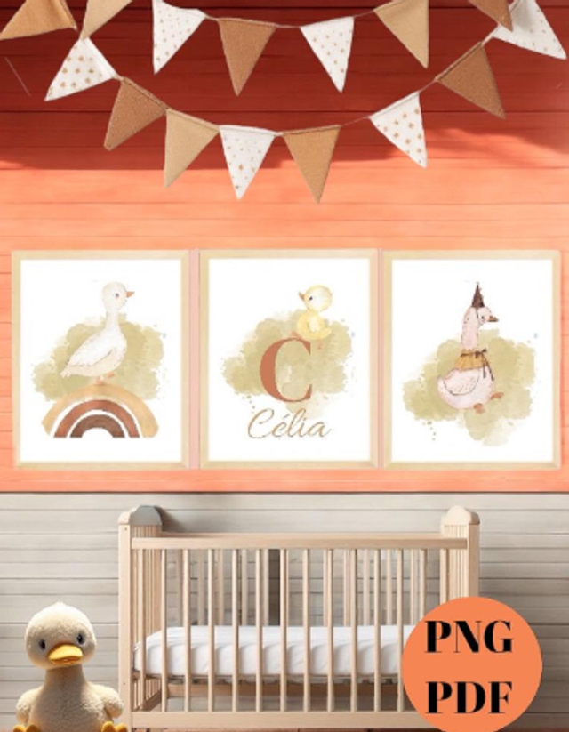 Lot de 3 affiches ourson thème canard oie pour chambre bébé fichiers numériques Png Pdf