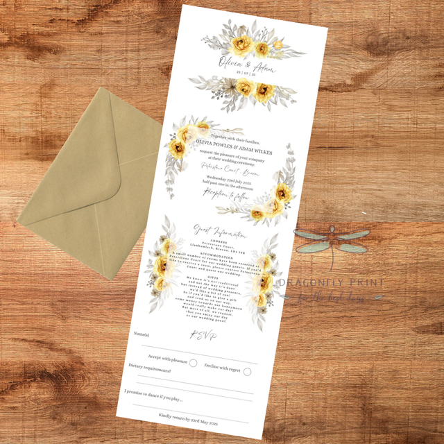 Yellow and grey/silver floral design - concertina wedding invitations - including guest information &amp; tear off RSVP postcard