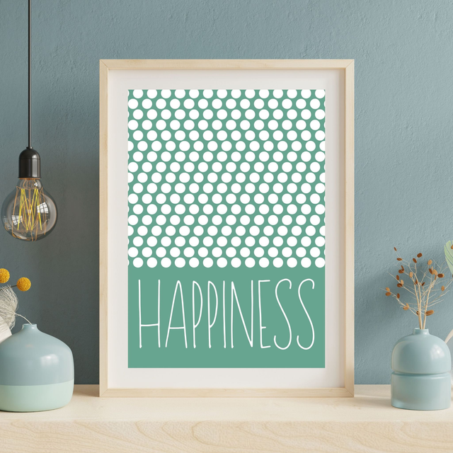 HAPPINESS – Grün-Weiß Punkte– Modernes Wohndekor – Digitaler Download - Contemporary Graphic Art - Art Print 
