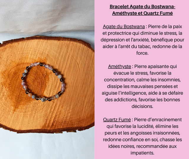 149- Bracelet Agate du Bostwana- Améthyste et Quartz Fumé
