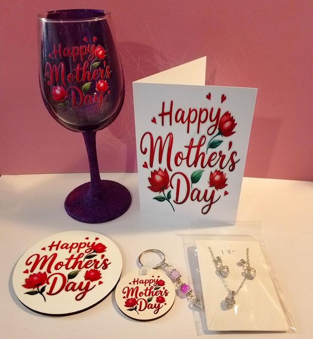 MOTHER'S DAY 6 PIECE GIFT SET - Glass, Coaster, Keyring, Bag Charm & Jewellery Set