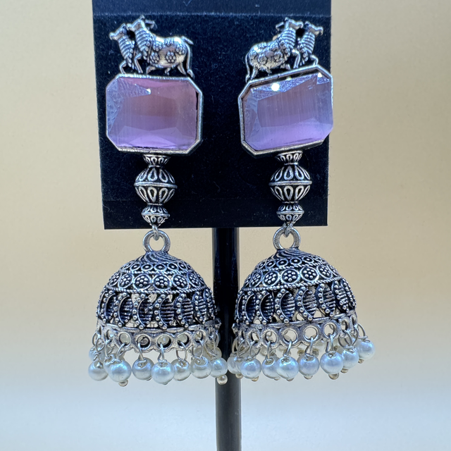 Oxidised Pink stone Jhumkas 