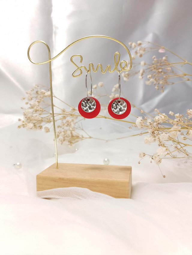 Boucles d'oreilles "Rouge Passion" &amp; Grandes Pampilles Argentées Martelées