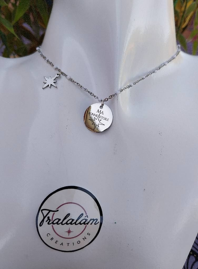 ✨Collier argenté chaîne émaillée blanche MA BONNE ETOILE"