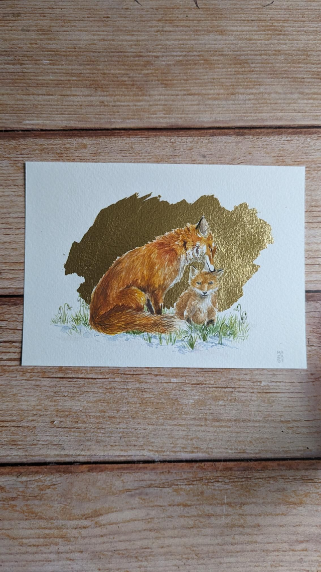 Maman et bébé renard fond or 