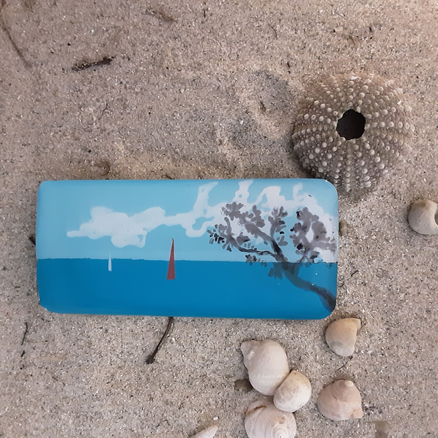 Broche grand rectangle bord arrondi collection Maritime paysage mer ciel et bateau