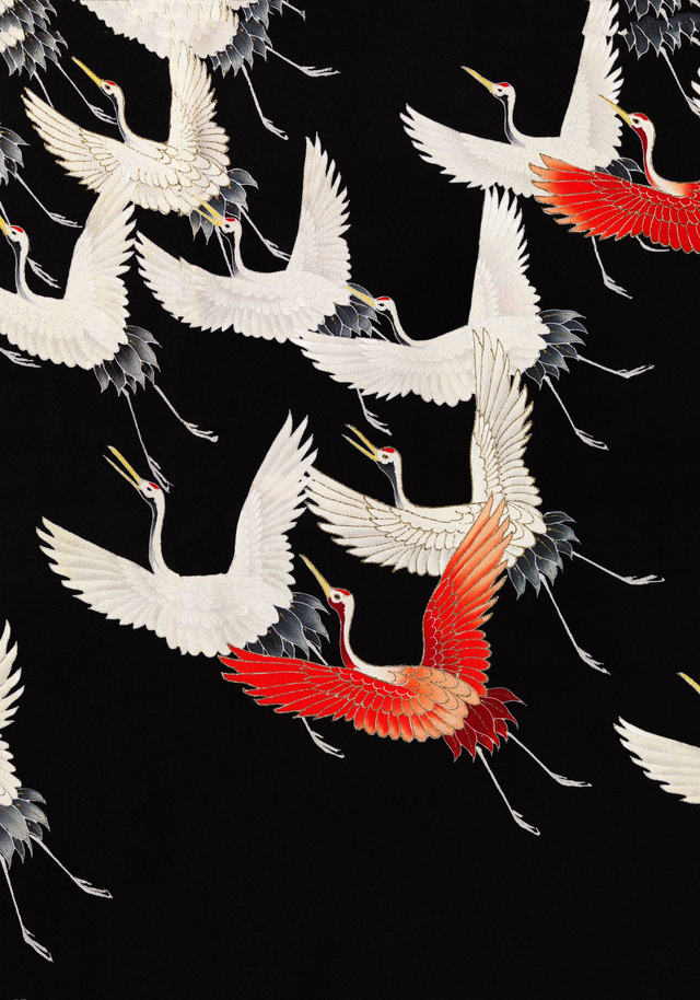 White Cranes and Red one flying Kimono