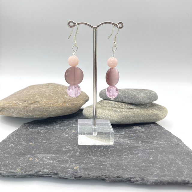 Beaded Sterling Silver Drop Earrings in pink and purple, handmade