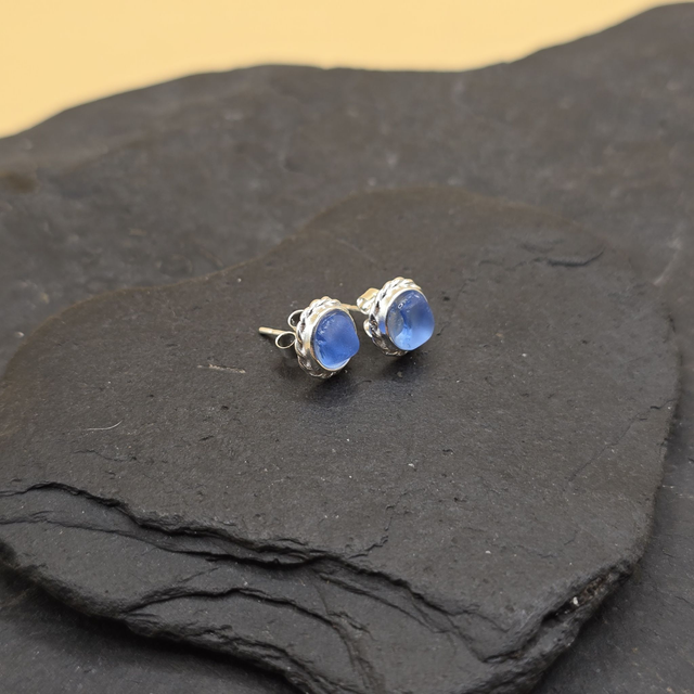 925 Studs Rope Edge Sterling Silver and Seaglass