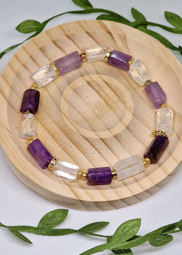 Bracelet Améthyste et Cristal de roche forme tube