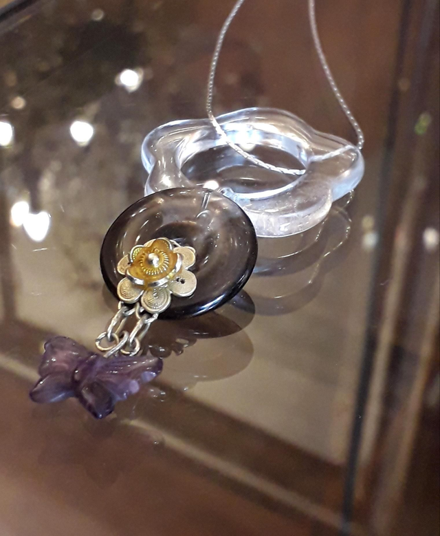 Pendentif cristal de roche, quartz fumé, améthyste, vermeil, argent 925/1000.