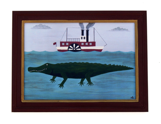 Naïve Folk Art River Scene With Alligator And Paddle Steamer Fine Art Print By Matt Rix