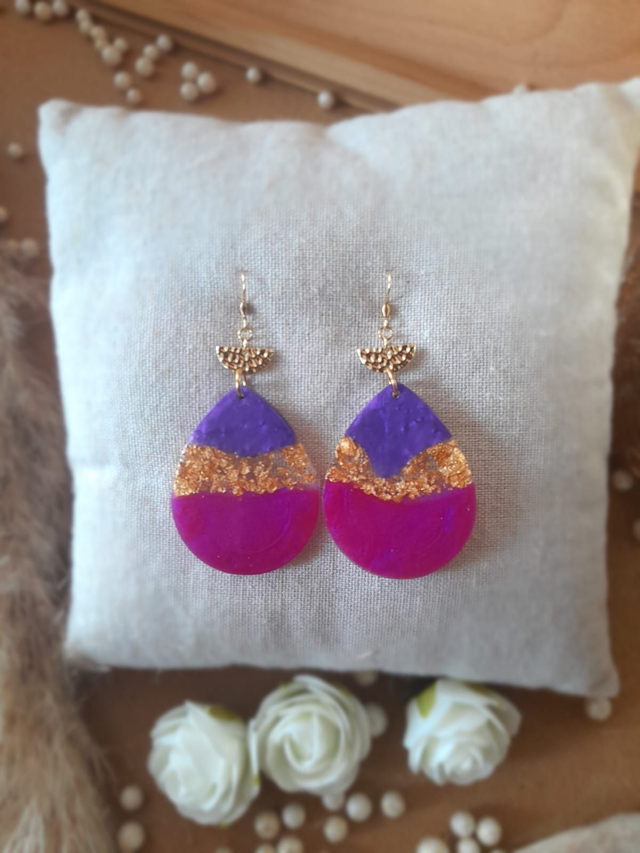 ✨INES ✨ Boucles d'oreilles "goutte" en résine - Rose violet doré
