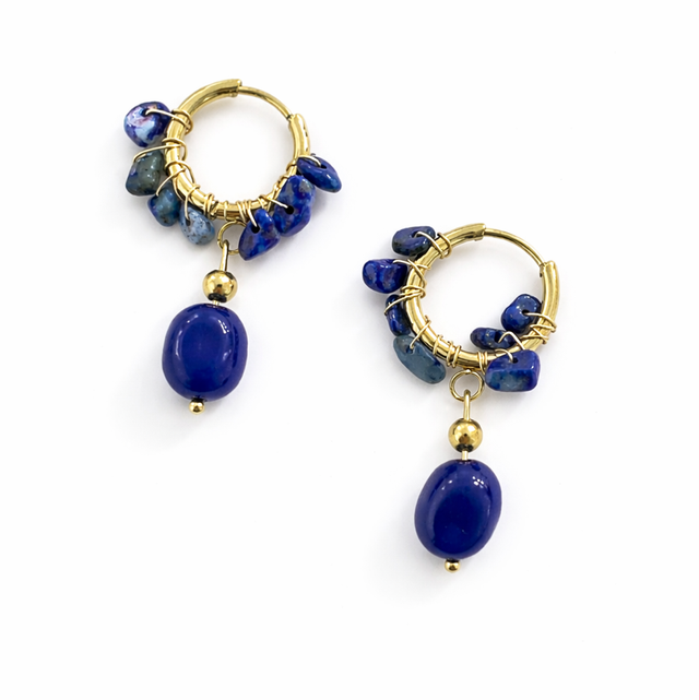 Argollas acero dorado piedras azules 