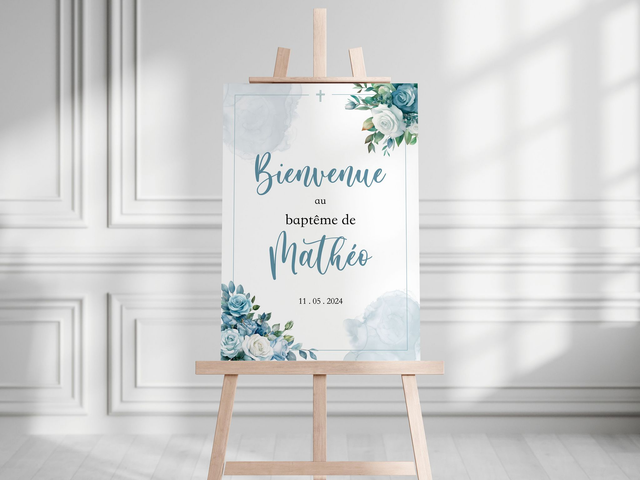 Affiche de bienvenue Baptême Fleurs & Blush bleu