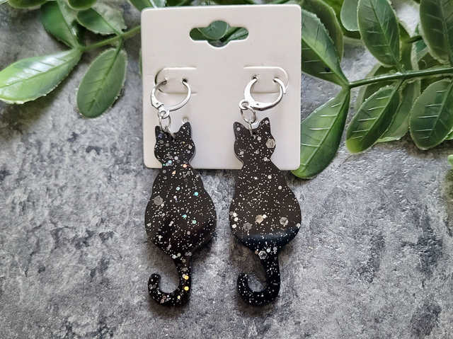 Earrings | Black Cats Sitting with Silver Glitter Sparkle | Witch Cat Stainless Steel Hoops