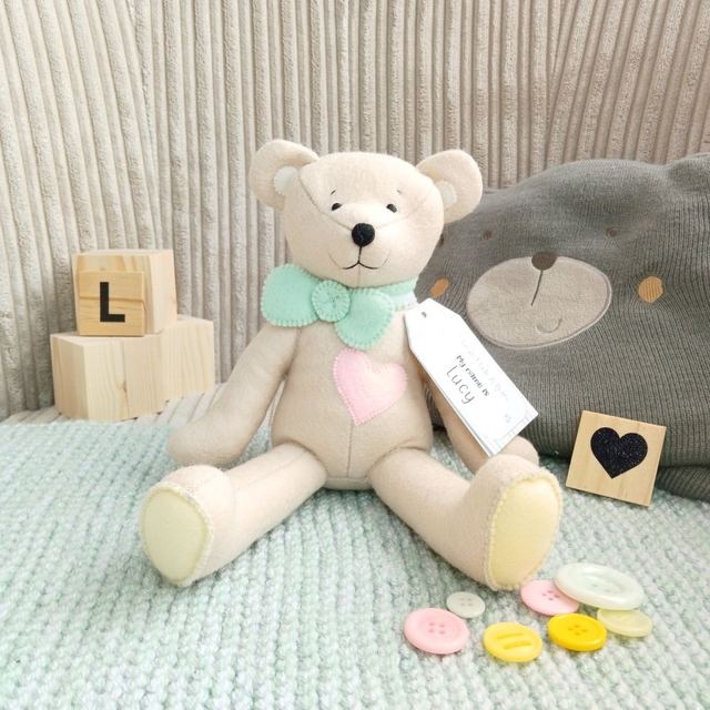 Lucy. Large size. 100% wool felt, hand-sewn teddy bear. UKCA toy. Beige. Pastel. Green. Yellow. Pink. Cream.