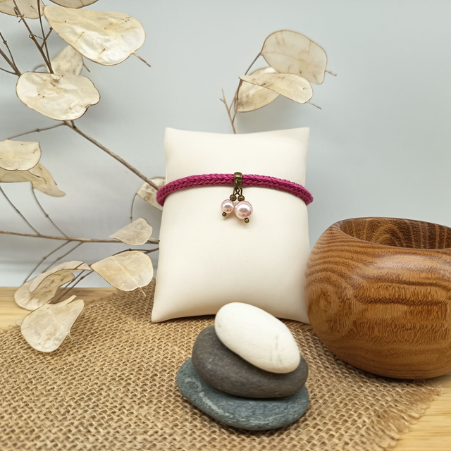 Parure fuchsia et bronze - Bracelet tricoté fuchsia