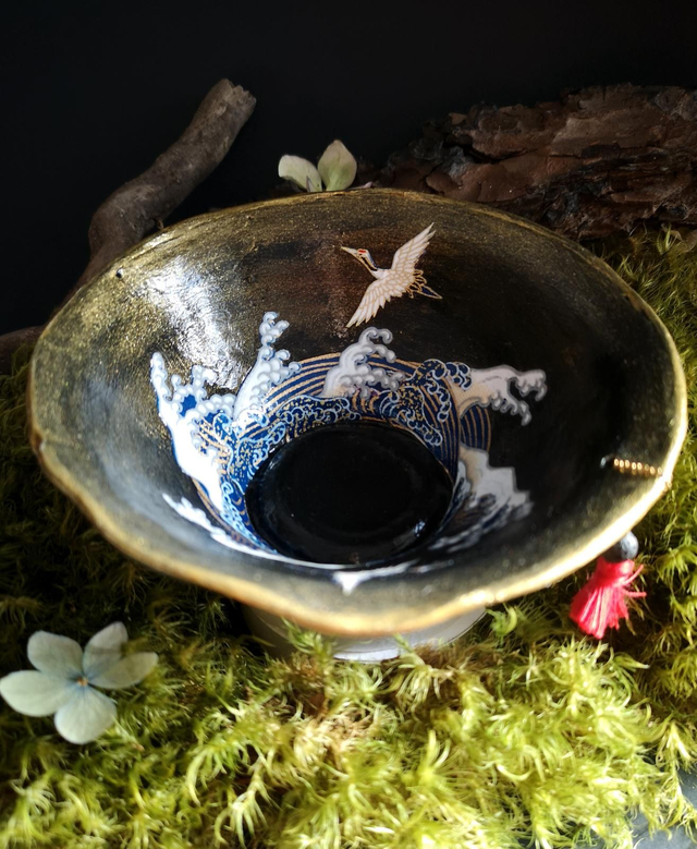 Coupelle - papier washi - vague - grues - pâte autodurcissante - pompon - La&amp;Titia 