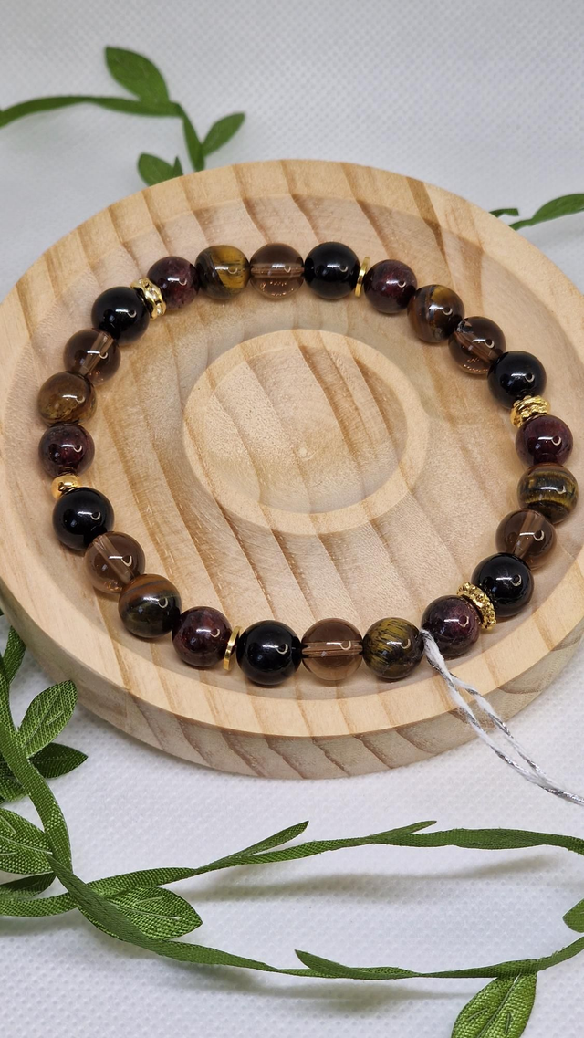 Bracelet Grenat, Quartz fumé, Tourmaline noire, Œil de tigre en 0,8 cm