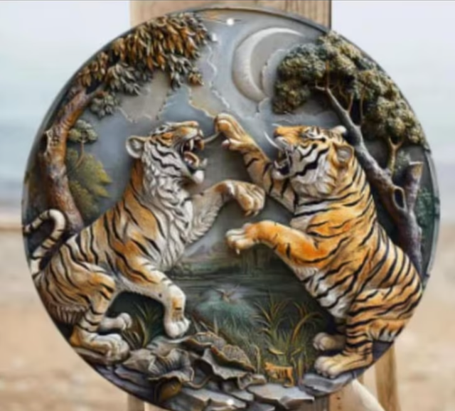 Vintage rond metalen bord Vechtende Tijgers (20cm)