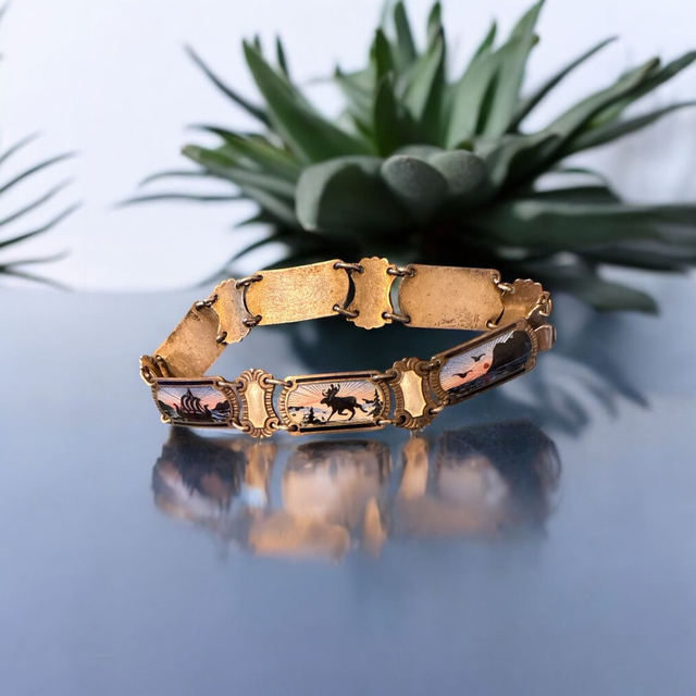 Ivar T Holth Nordic Scenes Bracelet - Mid-Century Vermeil Sterling Silver &amp; Hand-Painted Guilloche Enamel | Norway