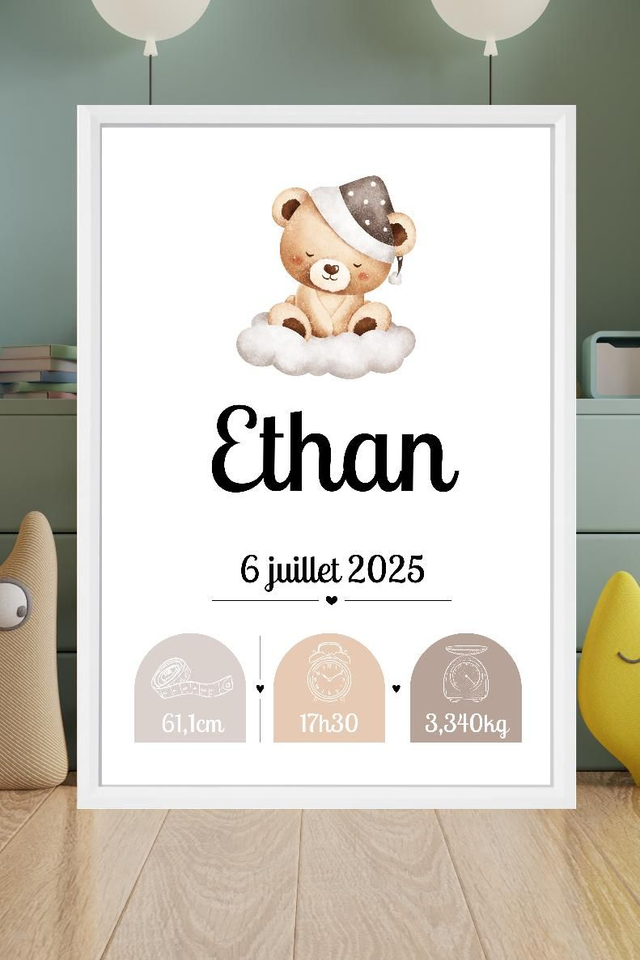 Toile de naissance personnalisée encadrée – Cadeau de naissance unique – Décoration chambre bébé – Souvenir doux et poétique