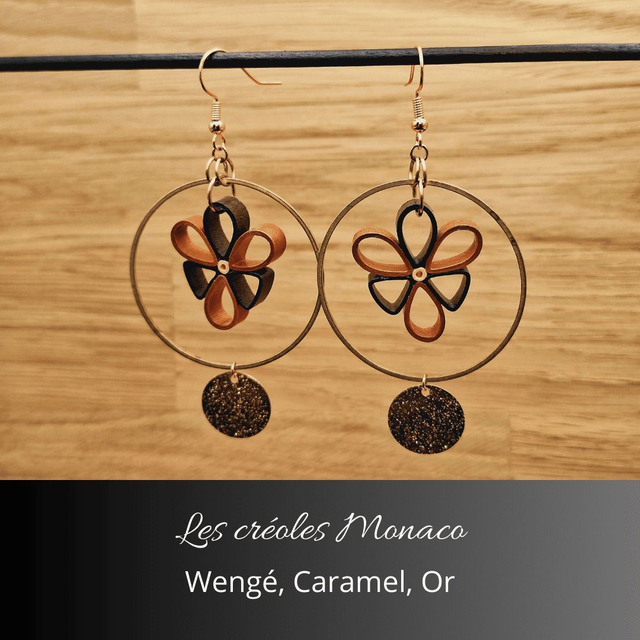 Boucles d&#039;oreilles créoles Monaco - Wengé, caramel, or
