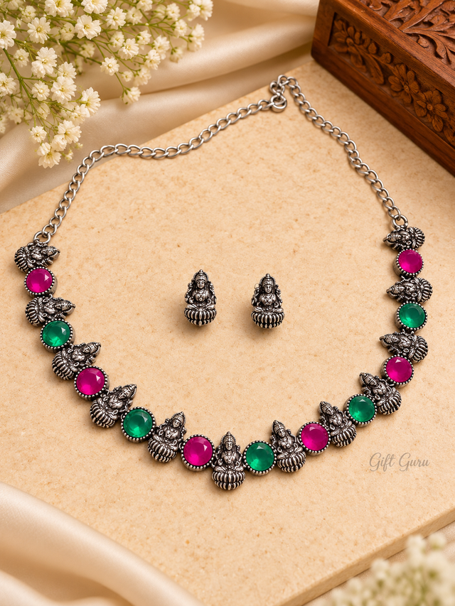 Oxidised Silver Lakshmi Necklace Set with Ruby &amp; Emerald Stones