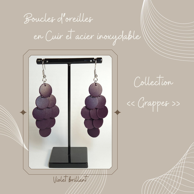 Boucles d&#039;oreilles Grappe en cuir - Violet brillant