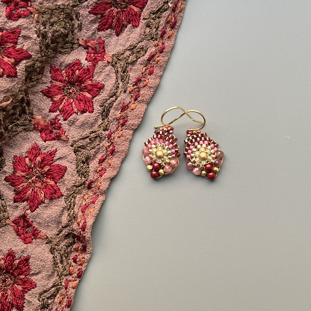 Petites boucles d'oreilles bordeaux et roses 