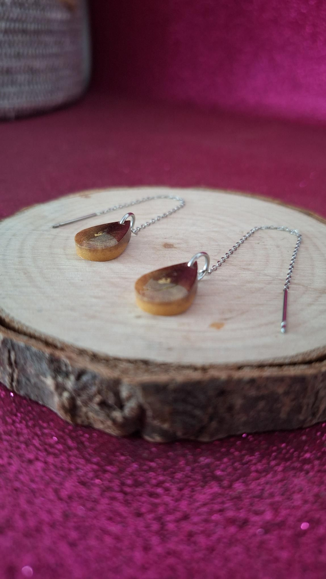Boucles d&#039;oreilles à enfiler argentées gouttes dorées/marron