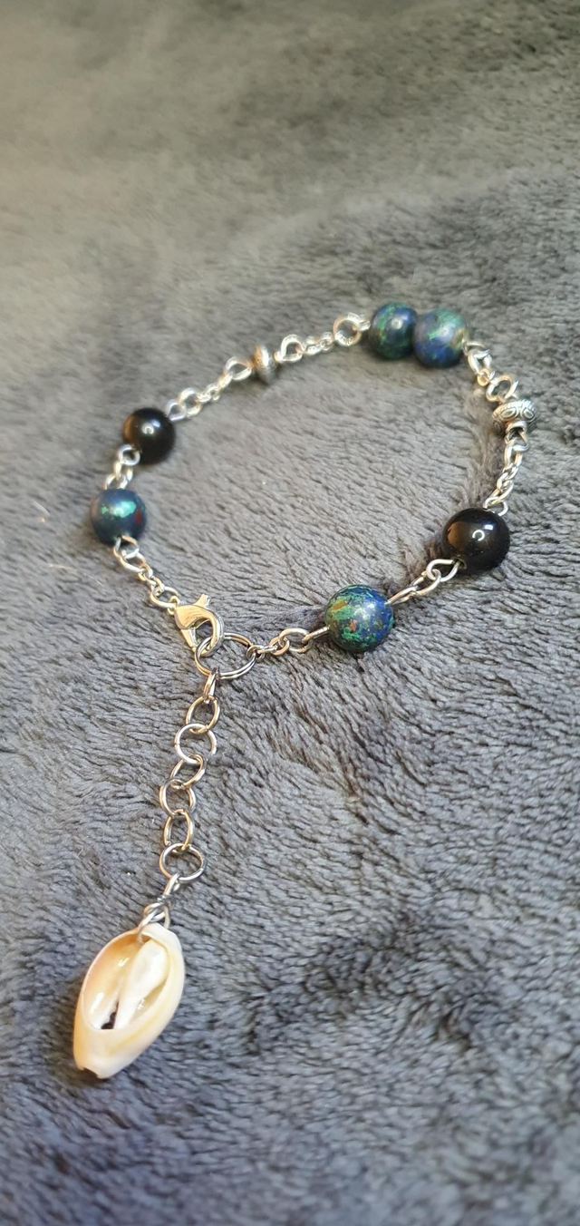 Bracelet acier inoxydable en Azurite/Malachite et Obsidienne dorée 