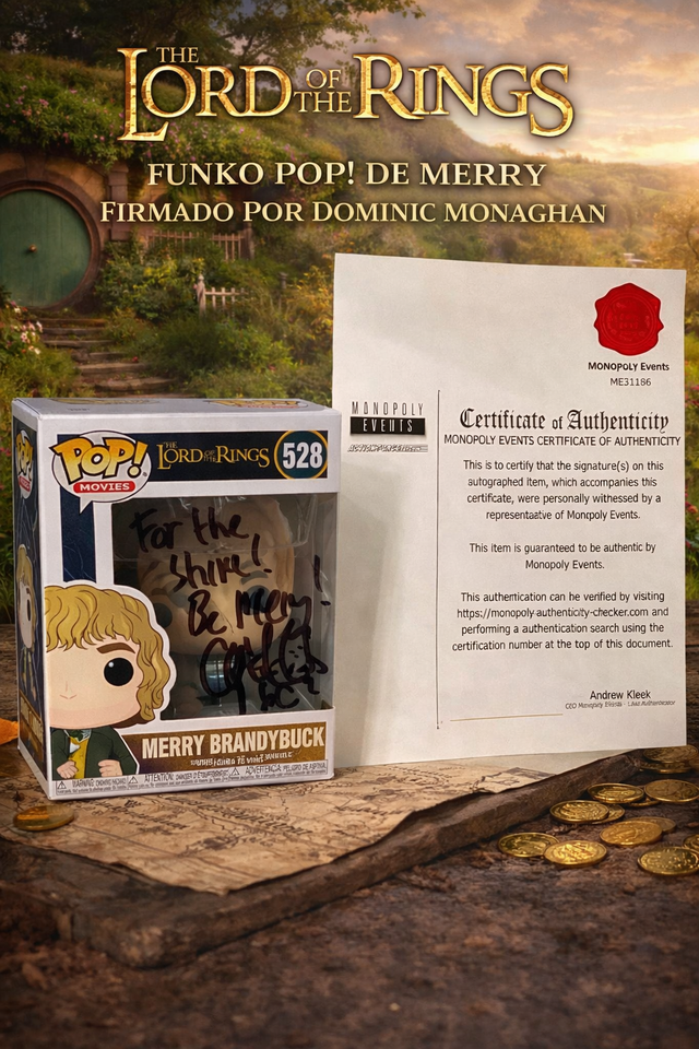 Funko Merry 528 LOTR firmado Dominic Monaghan COA