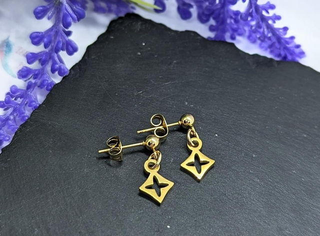 Gold Tone Plated Stainless Steel Cross Stud Drop Earrings 