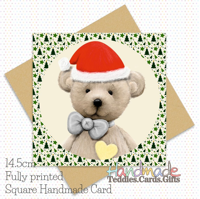 Printed Christmas Teddy Bear Card. 14.5cm square. 350gsm. Fully printed. Blank inside. Green. Christmas trees. Stars. Santa hat. 