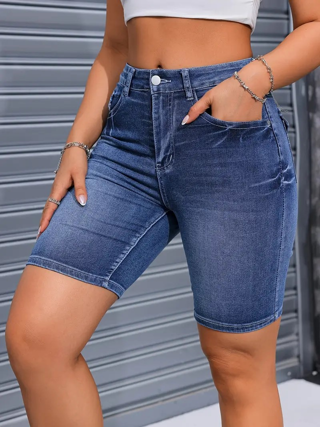 Women's Stretch Denim Shorts with Embroidered Floral Design