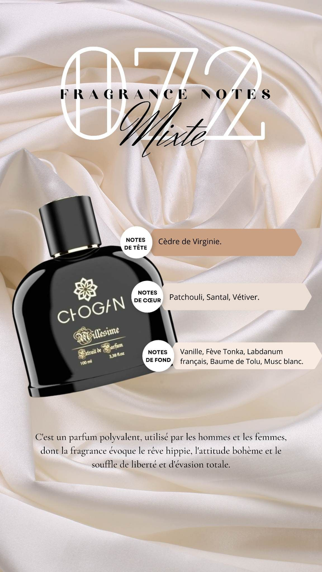 parfum Mixte évoquant une liberté rêveuse et une élégance décomposée d'inspiration bohème.