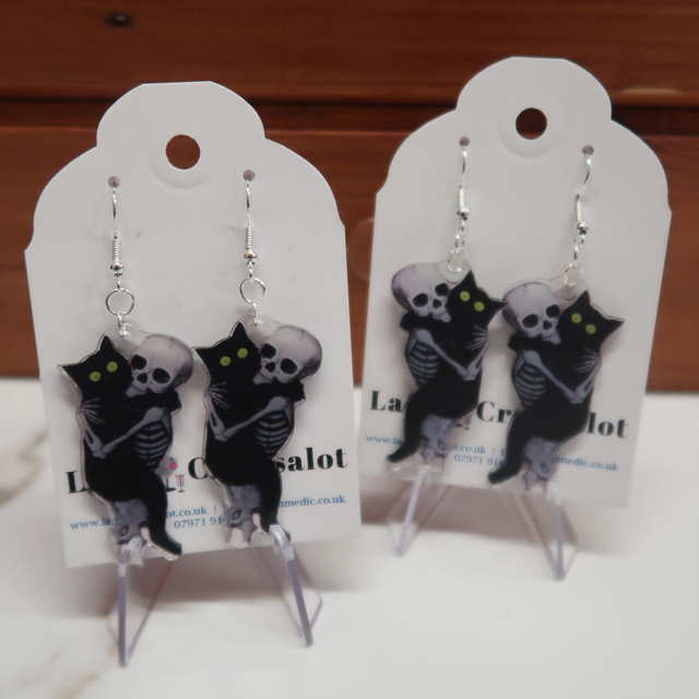 Skeleton Cuddles Cat Earrings