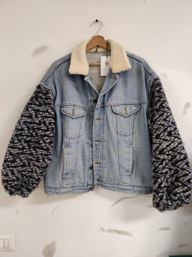 Reworked teddy jacket with knitwear sleeves 