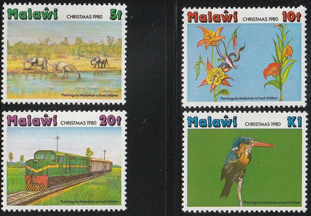 Malawi 1980 Christmas,Paintings,Landscapes,Bird,Elephant,Train set MNH