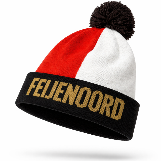 Klassieke Feijenoord muts – Rood/Wit met zwarte omslag en pompon