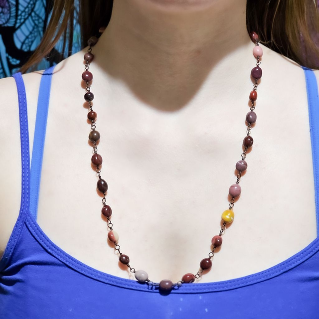 Charming long length Mookaite rosary link style necklace.
