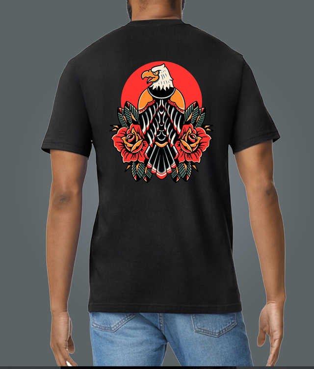 Traditional Tattoo Style Eagle &amp; Roses Black Soft Spun Patterned T-Shirt