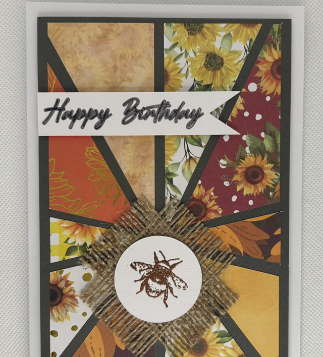 Bee Collection" Birthday Card – Rustic Sunflower Patchwork & Bronze Bee