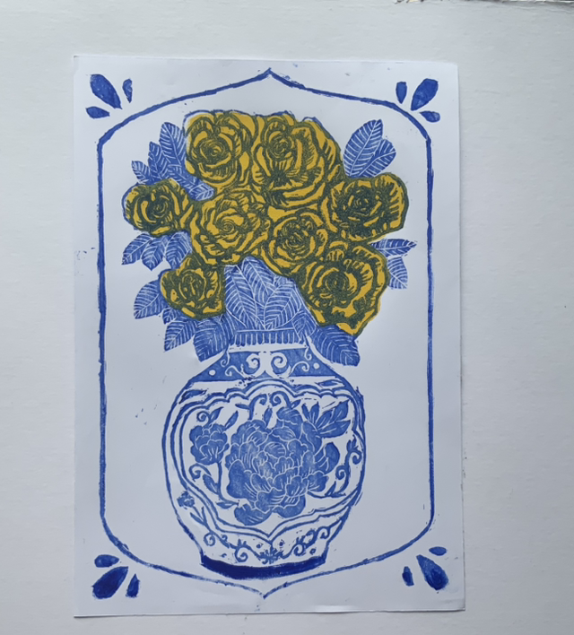 Yellow and blue roses linocut print