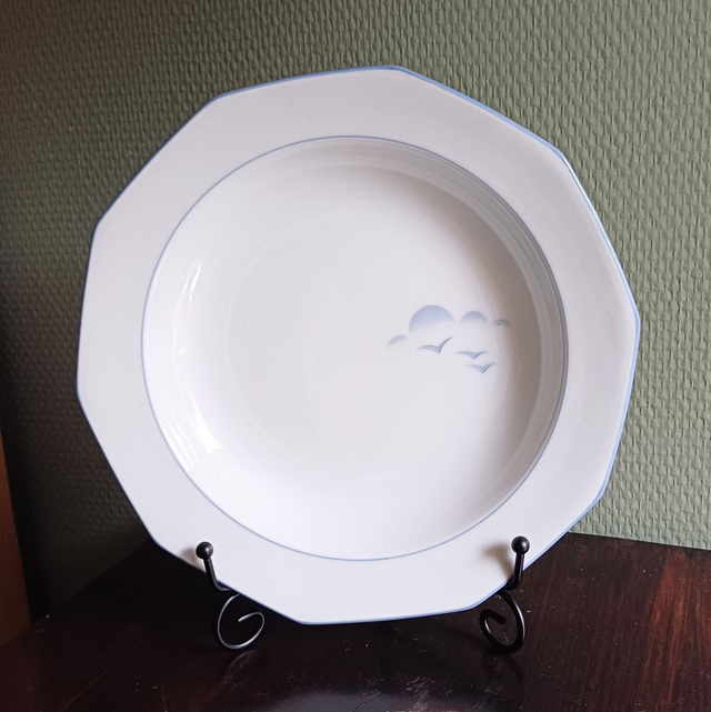 Winterling | Diepe bord Soepbord (diameter 22 cm | hoogte 3 cm) 10 kantige vorm Wit met blauwe bies &#039;Wolk en Vogels&#039; | Vintage