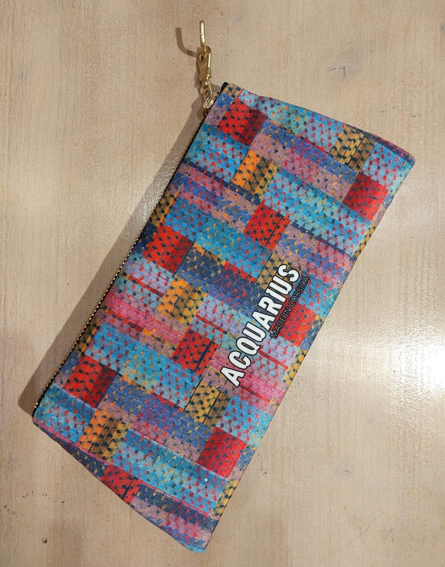 Madras Bleu. Pochette et trousse en velours.
