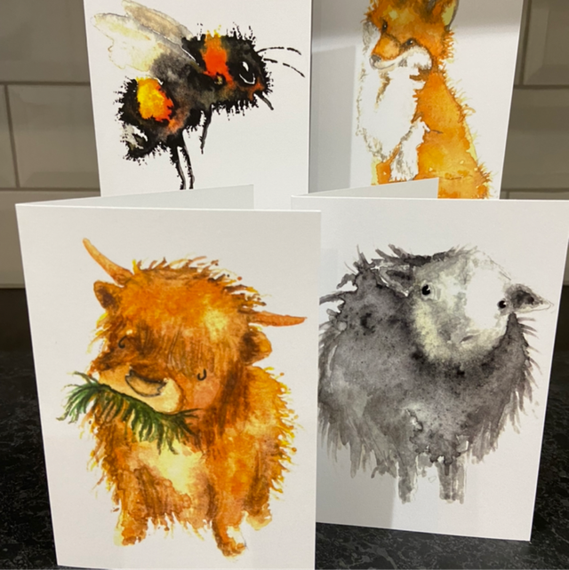 Watercolour Animal Greeting Cards with Herdwick sheep, highland cow, honey bees or fox designs. Blank suitable for any occasion. 