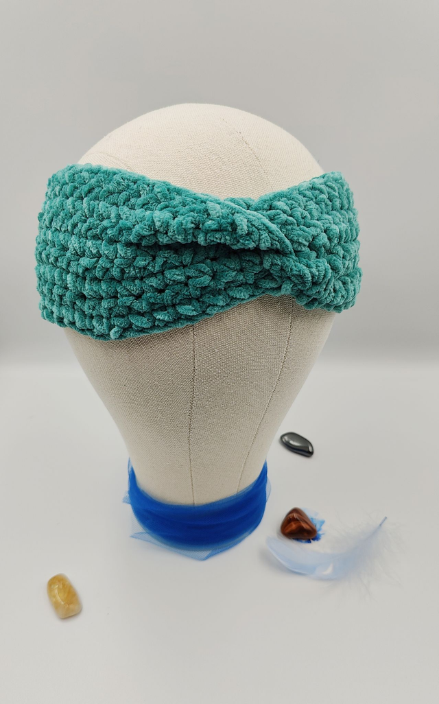 Bandeau de tête vert canard aspect velours fait au crochet, Bandeau hivers crocheté, cache oreilles